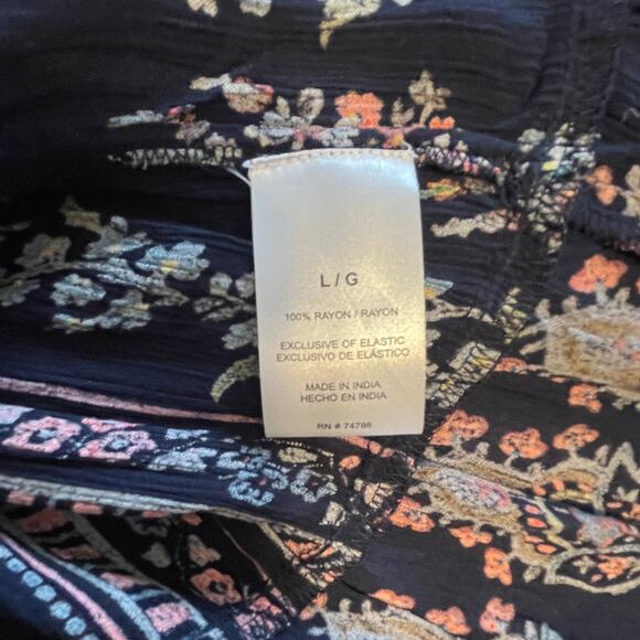 BILA Boho Midi Dress Womens Large Navy Floral Smocked Tasseled Peasant Folk - Picture 9 of 11